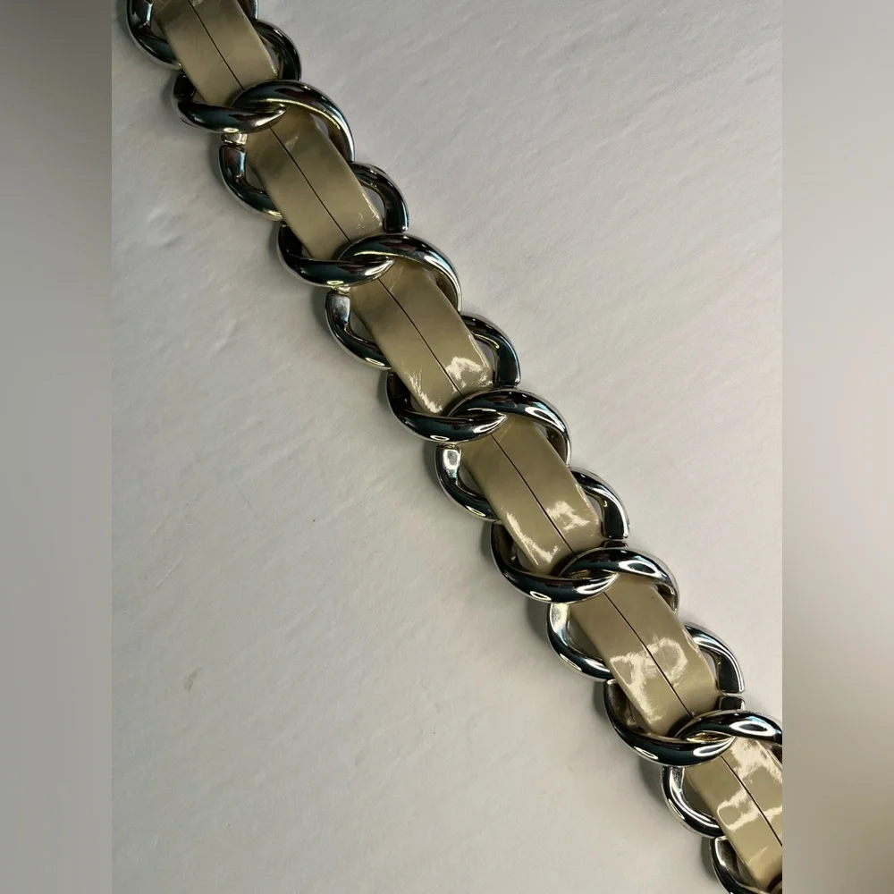 Nine West Women's Vinyl Taupe‎ Inlay Chain Link Sliver Belt Size 32” Length